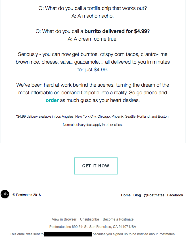 Ví dụ về chiến dịch tiếp thị qua email của Postmate trên menu burrito mới "width =" 655 "height =" 841