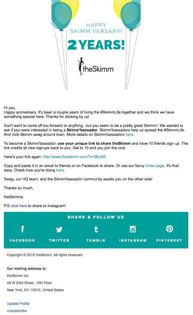 Ví dụ về chiến dịch tiếp thị qua email của theSkimm kỷ niệm ngày kỷ niệm thuê bao của người dùng "width =" 649 "height =" 1060