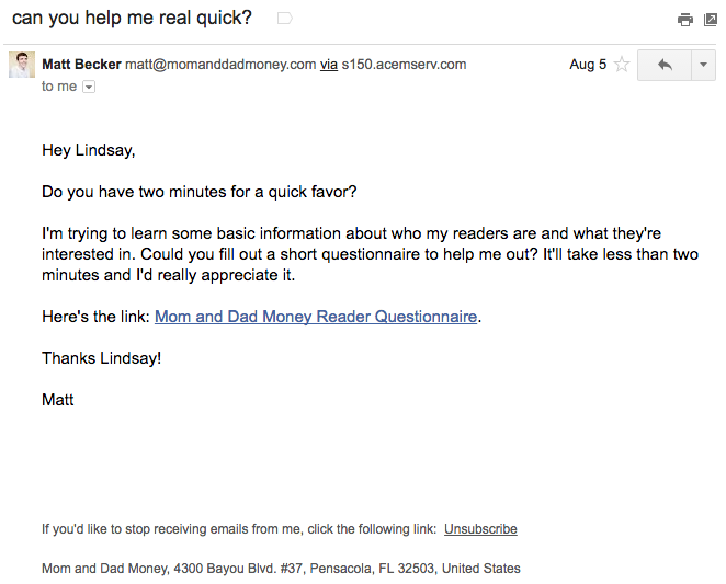 Ví dụ về chiến dịch tiếp thị qua email của Matt Becker về việc tìm hiểu những người đăng ký của anh ấy "width =" 662 "height =" 533
