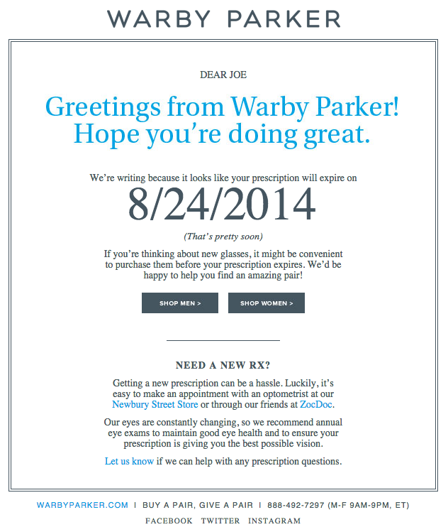Ví dụ về chiến dịch tiếp thị qua email của Warby Parker thông báo cho người dùng về gia hạn sản phẩm "width =" 669 "data-ràng buộc =" true