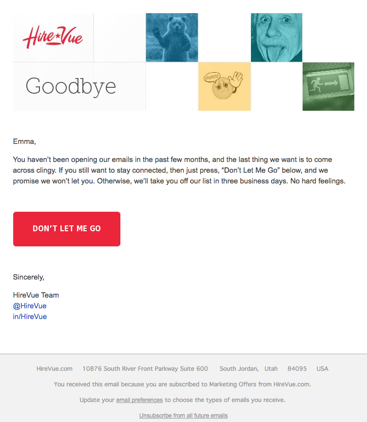 Ví dụ về chiến dịch tiếp thị qua email của HireVue tập trung vào việc giữ chân khách hàng