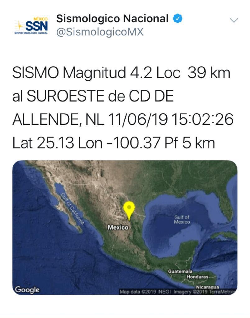 Se registra sismo de magnitud 4.2 en Allende, Nuevo León