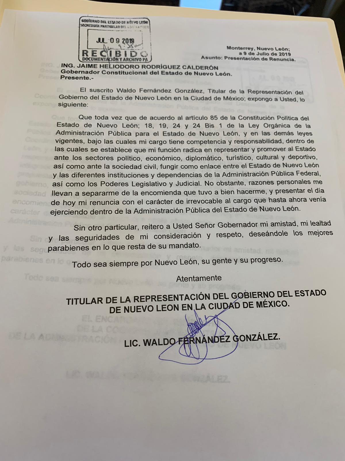Renuncia Waldo Fernández al Gobierno de Nuevo León