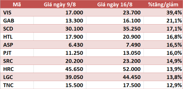 10 cổ phiếu tăng/giảm mạnh nhất tuần: Có mã gần gấp đôi - Ảnh 1.