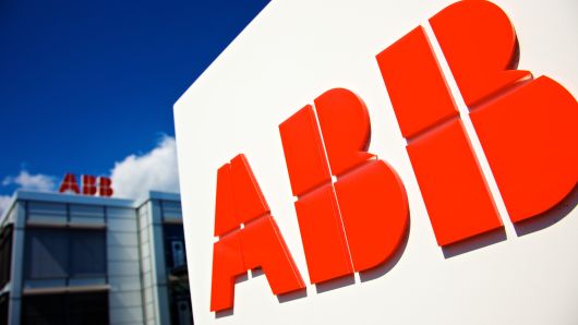 Logos of ABB AG sit on display outside the company