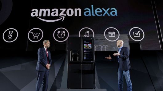 David VanderWaal, vice president of marketing for LG Electronics USA, left, and Michael George, vice president of Alexa, Echo, and Appstore at Amazon.com Inc., speak about the Amazon Alexa partnership with the LG InstaView Door-In-Door smart refrigerator