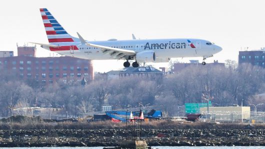 An American Airlines Boeing 737 Max 8, on a flight from Miami to New York City, comes in for landing at LaGuardia Airport in New York, March 12, 2019.