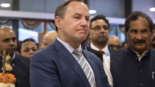 Bob Swan, interim chief executive officer and chief financial officer of Intel Corp., reacts during the inauguration of the company