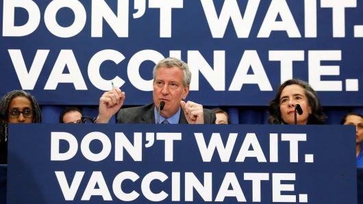 New York City Mayor Bill de Blasio speaks during a news conference declaring a public health emergency in parts of Brooklyn in response to a measles outbreak, requiring unvaccinated people living in the affected areas to get the vaccine or face fines, in the Orthodox Jewish community of the Williamsburg neighborhood, in Brooklyn, New York City, April 9, 2019.