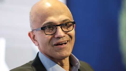 Satya Nadella, chief executive of Microsoft, speaks during a panel session on day three of the World Economic Forum in Davos, Switzerland.