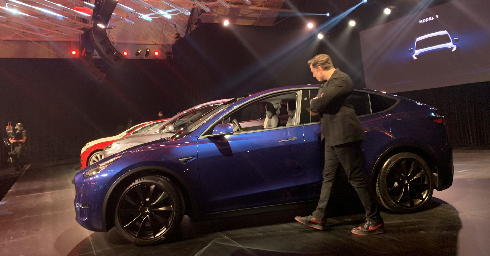 Tesla CEO Elon Musk at an unveiling event for its new Model Y cars.