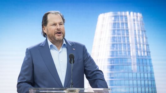 Marc Benioff, chairman and chief executive officer of Salesforce.com Inc., speaks during the grand opening ceremonies for the Salesforce Tower in San Francisco, California, U.S., on Tuesday, May 22, 2018.