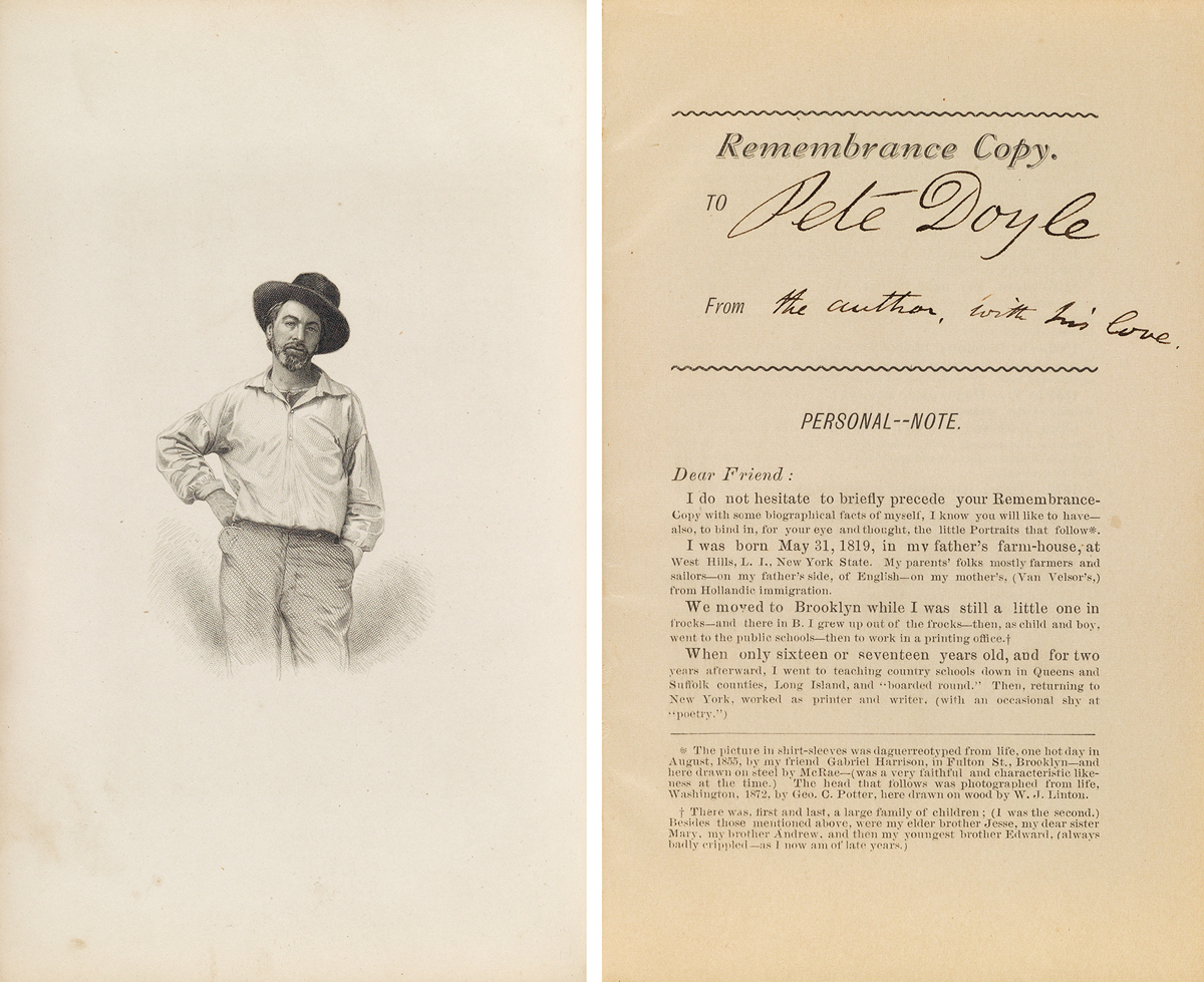 Walt Whitman, Memoranda During the War, remembrance copy, inscribed to Peter Doyle, from 'the author with his love,' 1875-76, sold for $70,000.