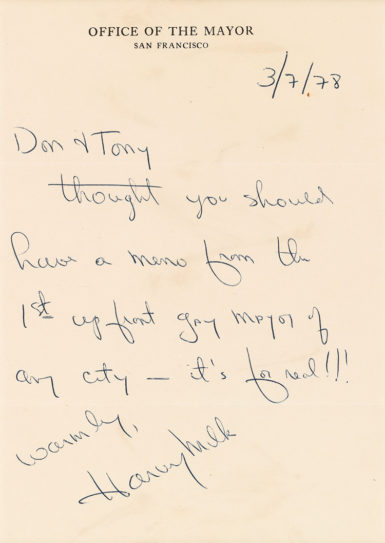 A letter signed by Harvey Milk sold for $11,250.