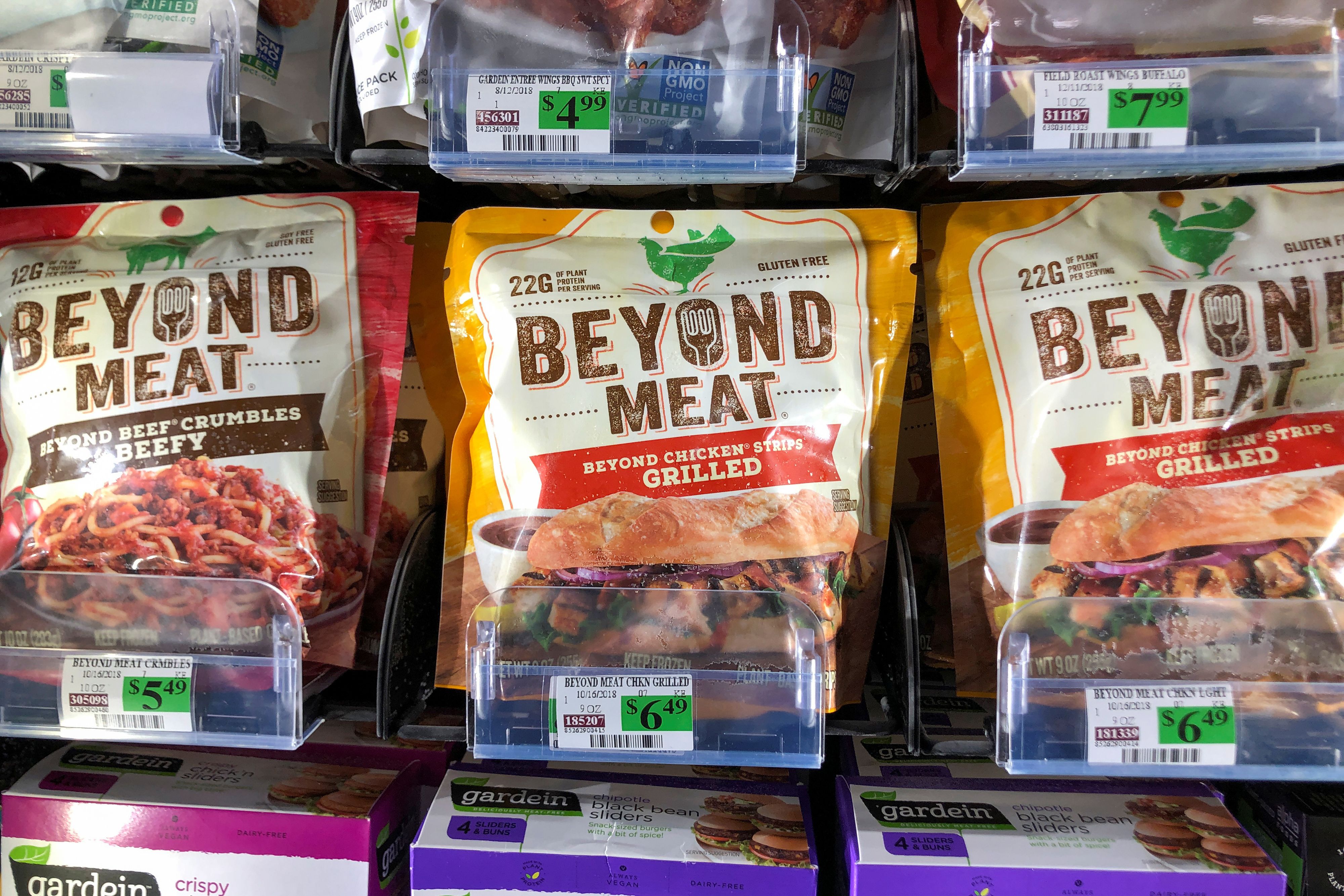 Products from Beyond Meat, the vegan burger maker, are shown for sale at a market in Encinitas, California, June 5, 2019.