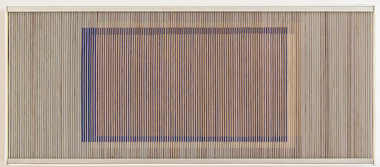 Carlos Cruz-Diez, Physichromie 216, 1966, Cardboard and aluminum modules with wood strip frame.