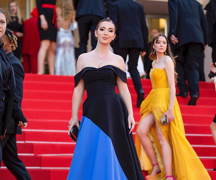 Elvira Gavrilova in a patriotic dress by Arimart Atelier at the closing ceremony of the 75th Cannes Film Festival